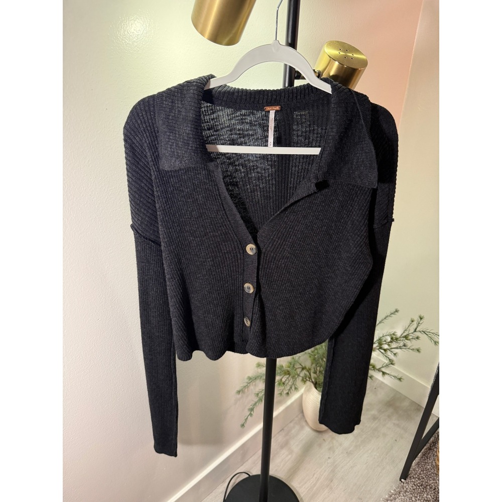 free people bell sleeve cardigan ribbed midweight button up v collared classic m